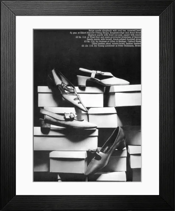 Framed Print : SHOES. Beige suede slingback with oval toe and covered heel Framed Print : SHOES. Beige suede slingback with oval toe and covered heel