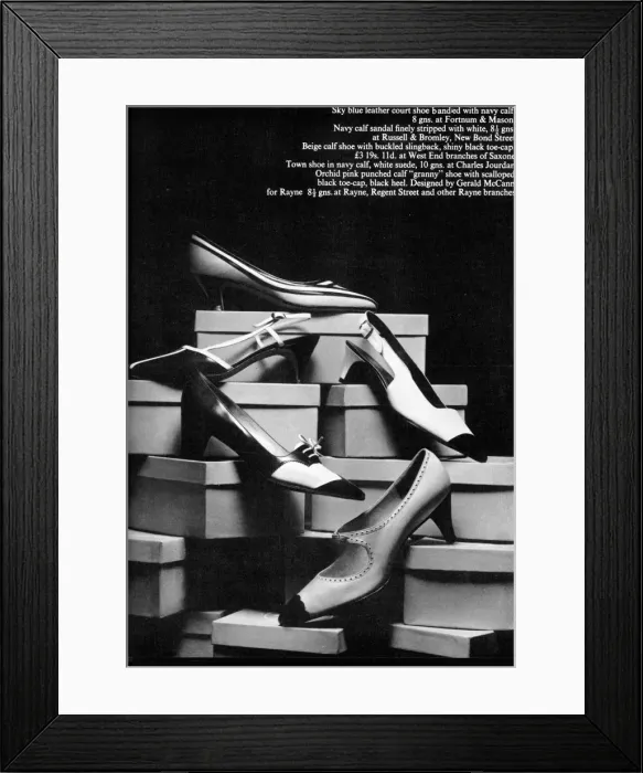 Framed Print : SHOES. Leather court shoe banded with calf, calf sandal finely stripped with white Framed Print : SHOES. Leather court shoe banded with calf, calf sandal finely stripped with white
