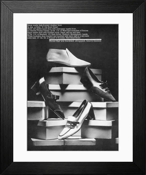 Framed Print : SHOES. Beige suede high fronted chukker boot, black calf ghillie laced shoe Framed Print : SHOES. Beige suede high fronted chukker boot, black calf ghillie laced shoe