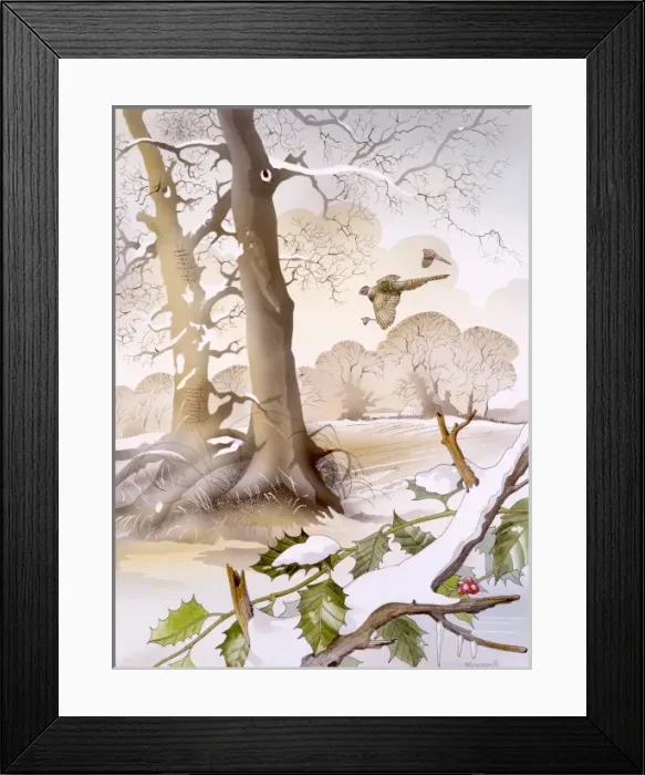 Framed Print : Winter scene with holly and birds Framed Print : Winter scene with holly and birds