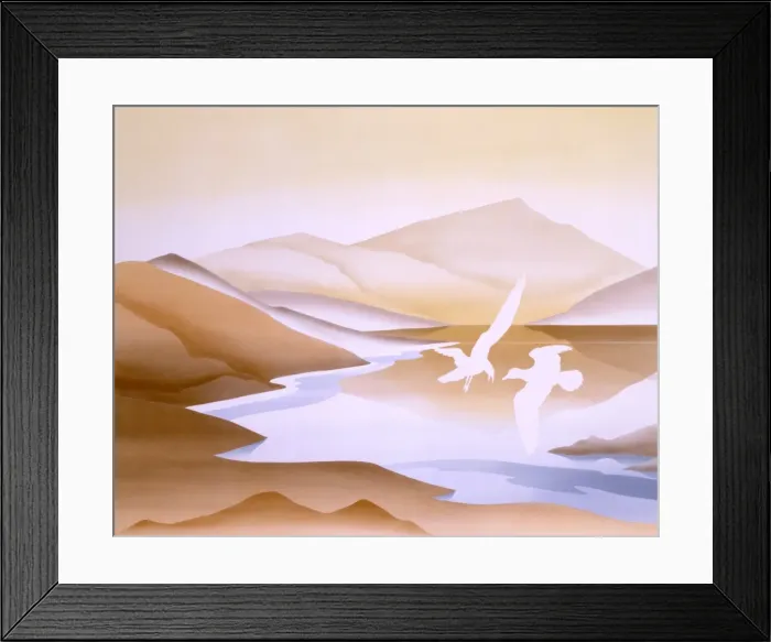 Framed Print : Mountain landscape with water and birds Framed Print : Mountain landscape with water and birds