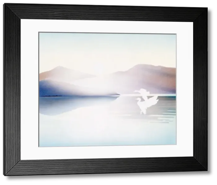 Framed Print : Mountain scenery with water and two birds Framed Print : Mountain scenery with water and two birds