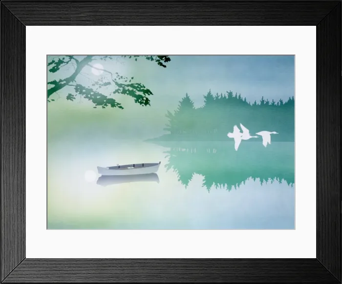 Framed Print : Lake scene with boat and three birds