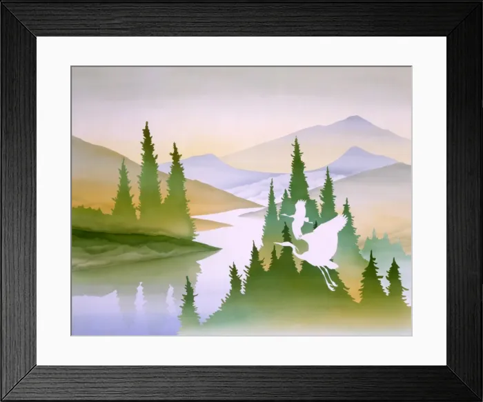 Framed Print : Scenery with mountains, lake and trees Framed Print : Scenery with mountains, lake and trees