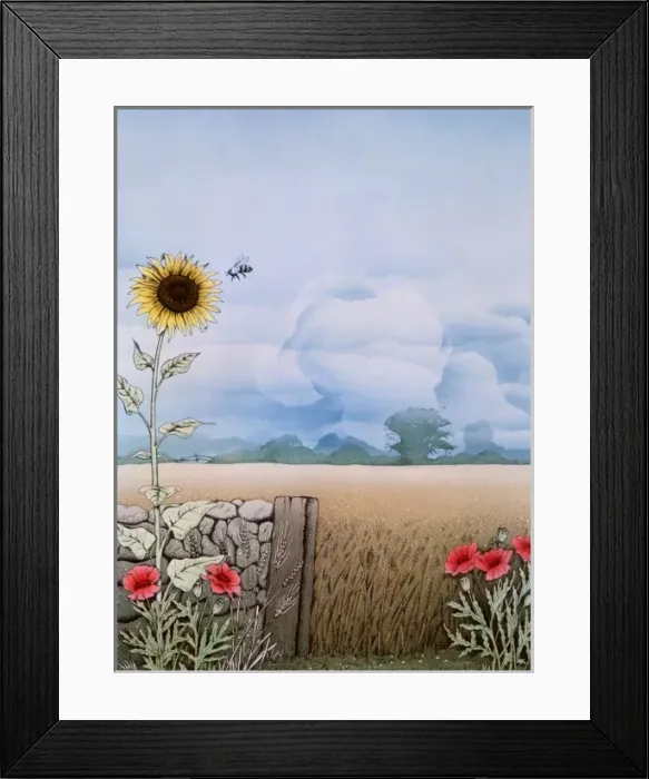 Framed Print : Rural scene with sunflower and poppies Framed Print : Rural scene with sunflower and poppies