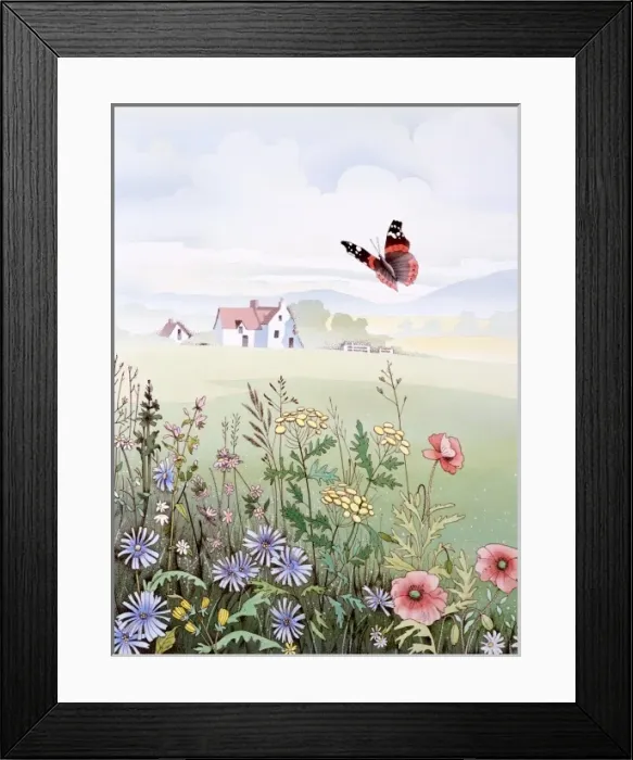 Framed Print : Rural scene with flowers and butterfly
