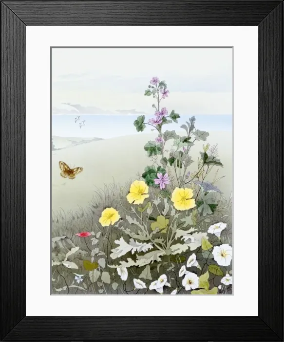 Framed Print : Rural scene with flowers and a butterfly Framed Print : Rural scene with flowers and a butterfly
