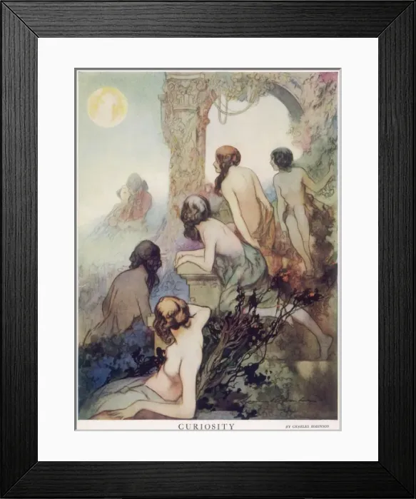 Framed Print : Curiosity. Group of nymphs watching a couple of lovers embracing under the moonlight Framed Print : Curiosity. Group of nymphs watching a couple of lovers embracing under the moonlight