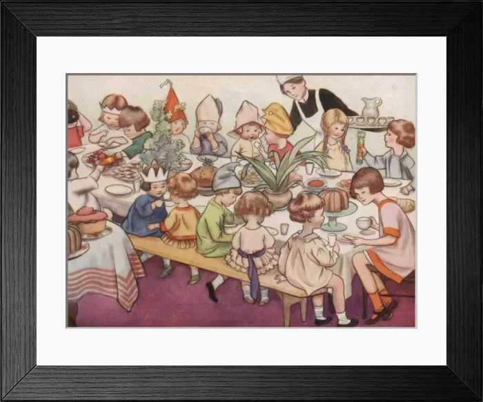 Framed Print : At The Christmas Party- Pulling Crackers Round The Table. By Framed Print : At The Christmas Party- Pulling Crackers Round The Table. By