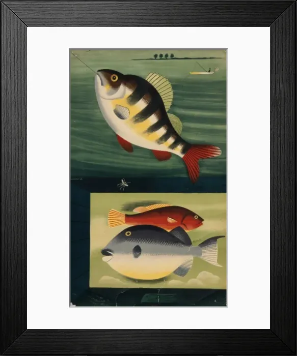 Framed Print : Fish. Illustration of colourful fish on a fishing line, and swimming in the sea Framed Print : Fish. Illustration of colourful fish on a fishing line, and swimming in the sea