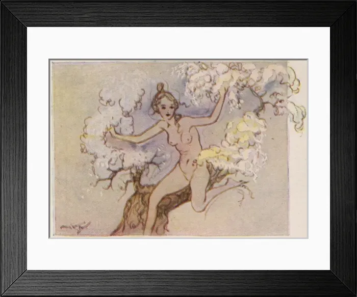 Framed Print : Blossoms. A colour illustration of a young lady running through blossom trees Framed Print : Blossoms. A colour illustration of a young lady running through blossom trees