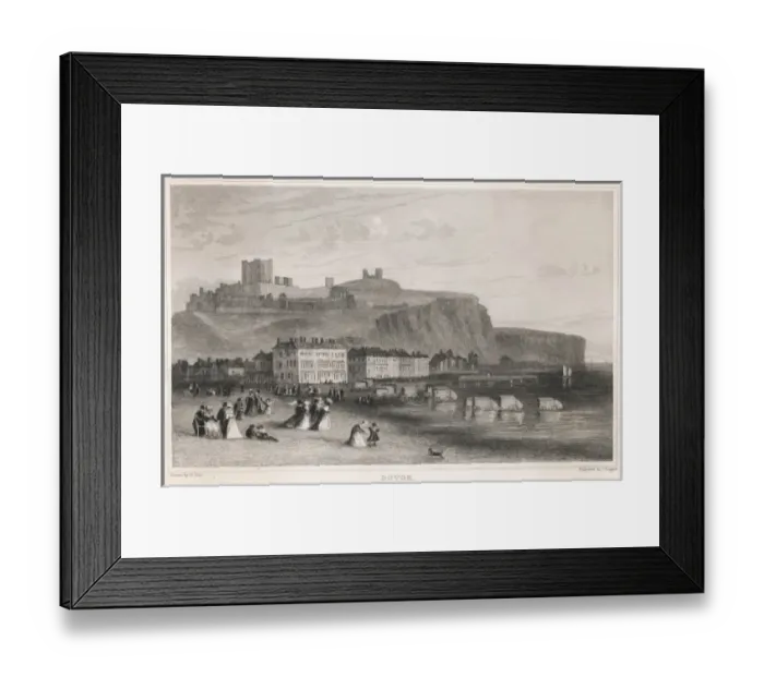 Framed Print : DOVER. General view of Dover, Kent, from the beach, with the castle in the distance Framed Print : DOVER. General view of Dover, Kent, from the beach, with the castle in the distance