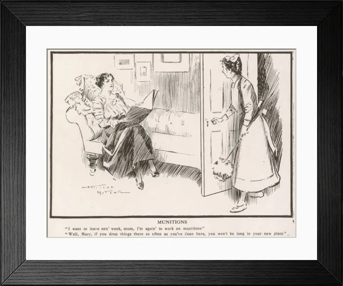 Framed Print : Munitions. A maid informs the mistress of the house that she is off to Framed Print : Munitions. A maid informs the mistress of the house that she is off to