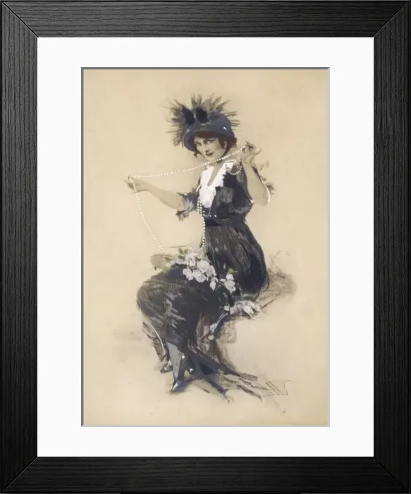 Framed Print : Lady playing with a long string of pearls Framed Print : Lady playing with a long string of pearls