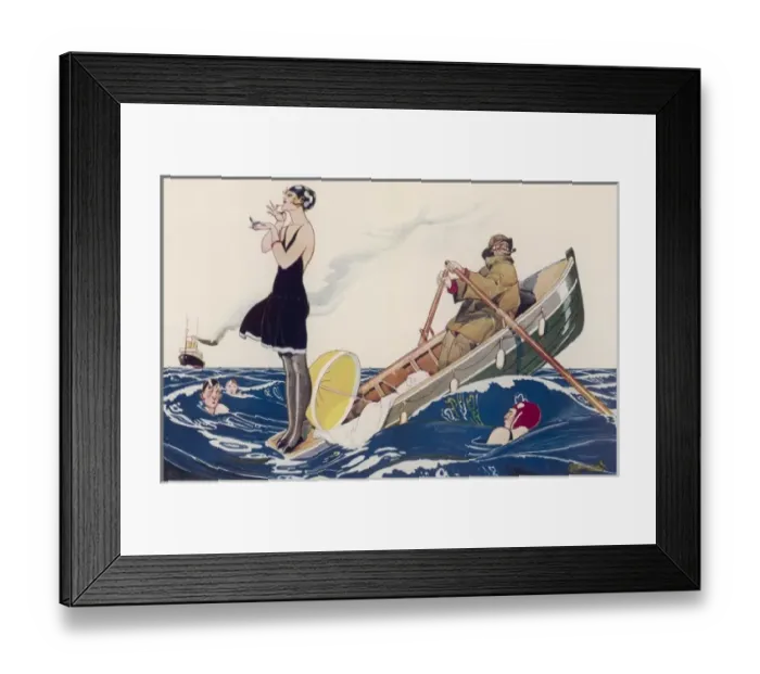 Framed Print : Deauville. Woman applying make-up whilst standing in a boat which is being Framed Print : Deauville. Woman applying make-up whilst standing in a boat which is being
