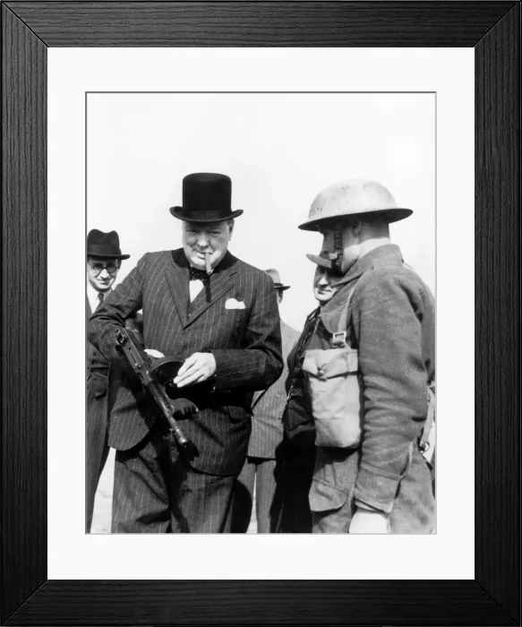 Framed Print : Winston Churcill Holding a Sub-Machine Gun Framed Print : Winston Churcill Holding a Sub-Machine Gun