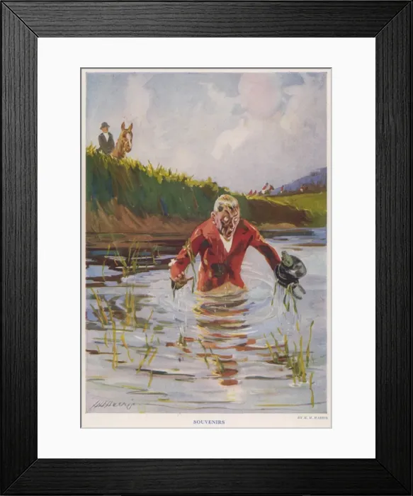 Framed Print : Souvenirs. A man who has fallen into a pond whilst on a hunt. Date: 1928 Framed Print : Souvenirs. A man who has fallen into a pond whilst on a hunt. Date: 1928