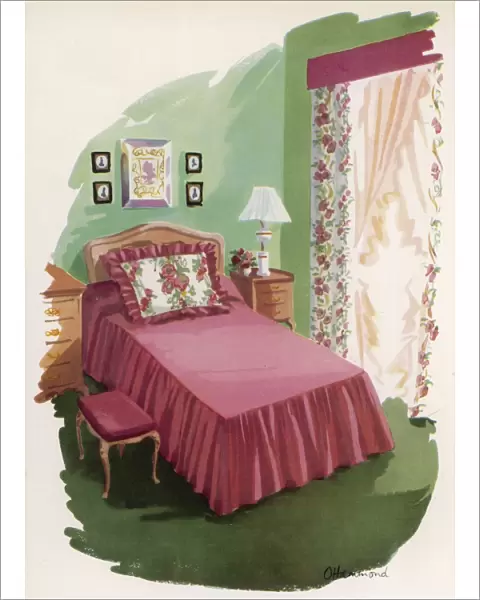 Homemade soft furnishings for a bedroom, 1954