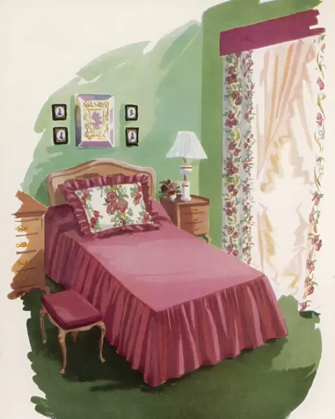 Homemade soft furnishings for a bedroom, 1954