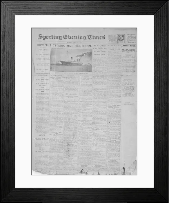 Framed Print : Sporting Evening Times, Titanic disaster Framed Print : Sporting Evening Times, Titanic disaster