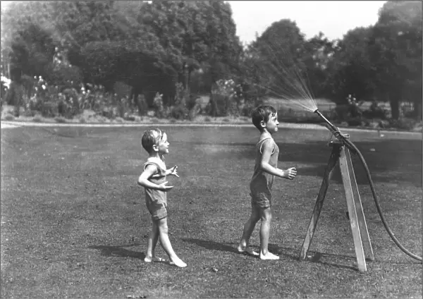 Two boys with a water hose in a Devon garden