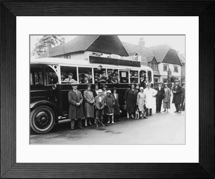 Framed Print : Boys club members say Goodbye and board bus, 1931