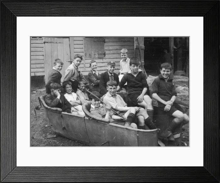 Framed Print : Twelve boys have fun in dilapidated car 1928 Framed Print : Twelve boys have fun in dilapidated car 1928