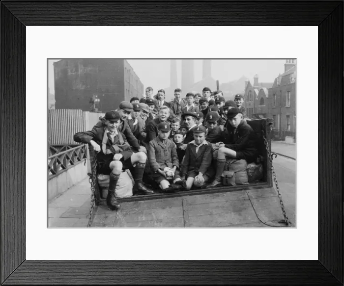 Framed Print : Boys club members in transportation, circa 1930 Framed Print : Boys club members in transportation, circa 1930
