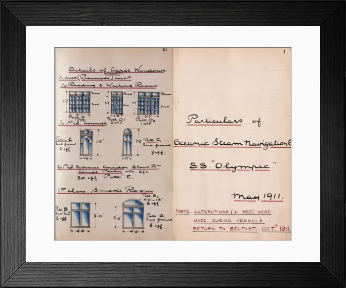 Framed Print : White Star Line, SS Olympic window sketches Framed Print : White Star Line, SS Olympic window sketches