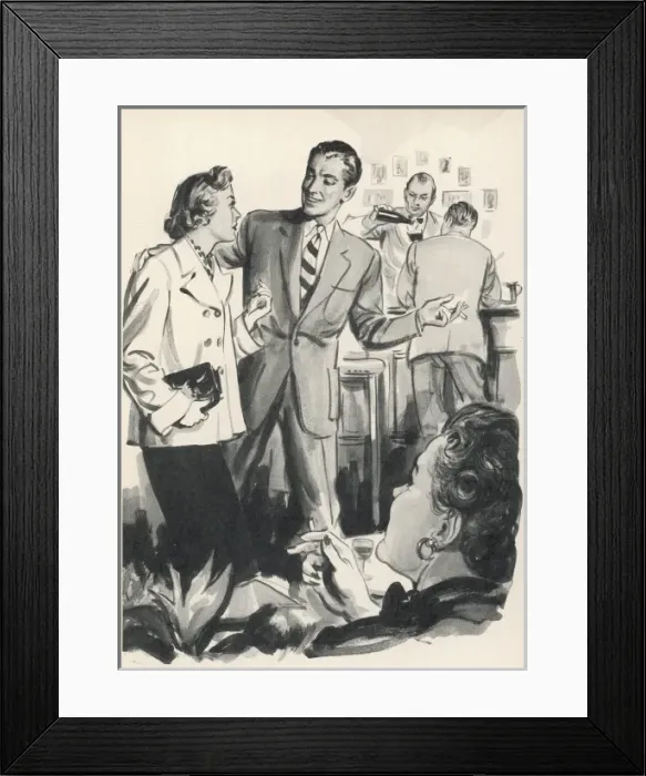 Framed Print : Bar scene. A man wearing a suit, encourages his female companion to sit down Framed Print : Bar scene. A man wearing a suit, encourages his female companion to sit down