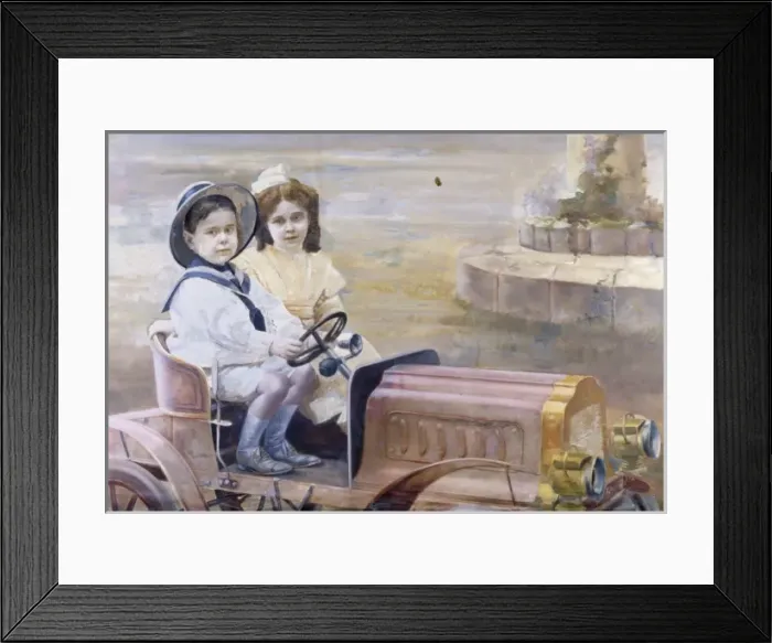 Framed Print : Brother and sister in a toy vintage car Framed Print : Brother and sister in a toy vintage car