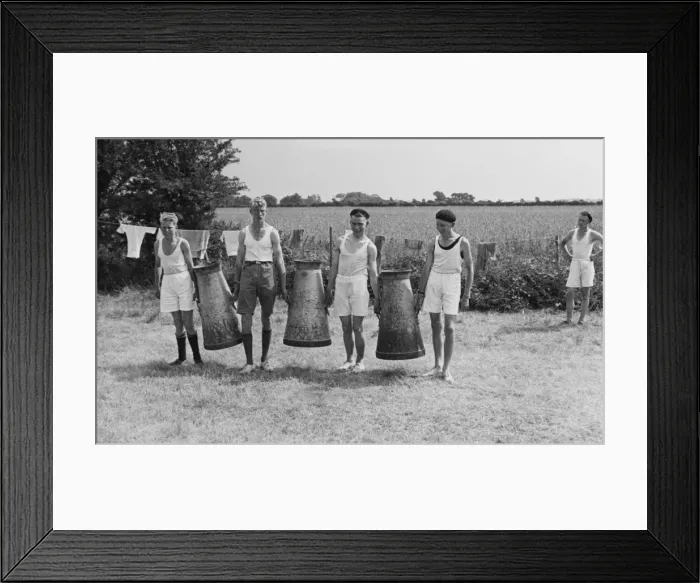 Framed Print : Boys Club, carrying milk churns 1935 Framed Print : Boys Club, carrying milk churns 1935
