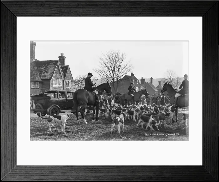 Framed Print : The Meet. This historical black-and-white photograph captures a lively Framed Print : The Meet. This historical black-and-white photograph captures a lively
