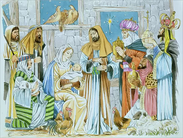 Nativity scene, with the Three Kings bearing gifts