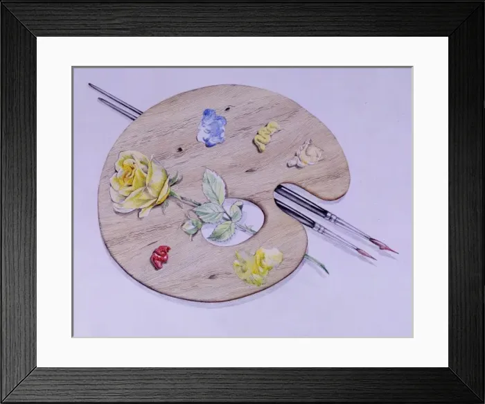 Framed Print : Artists palette with paint, brushes and yellow rose Framed Print : Artists palette with paint, brushes and yellow rose