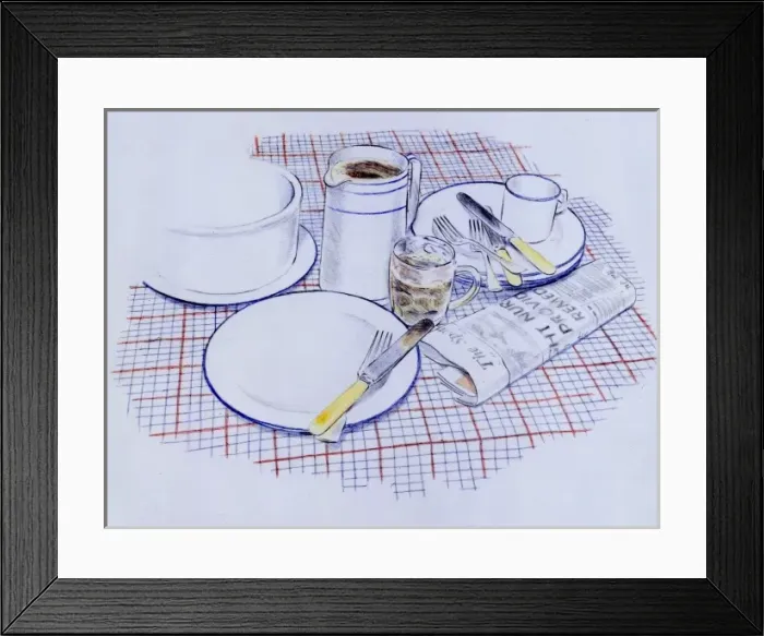 Framed Print : Still life with crockery, cutlery, beer glass and newspaper Framed Print : Still life with crockery, cutlery, beer glass and newspaper