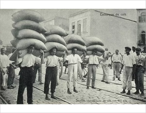 Carrying sacks of Coffee, santos, Brazil