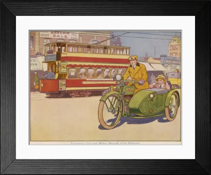 Framed Print : Tramway car and motor bicycle with side-car Framed Print : Tramway car and motor bicycle with side-car