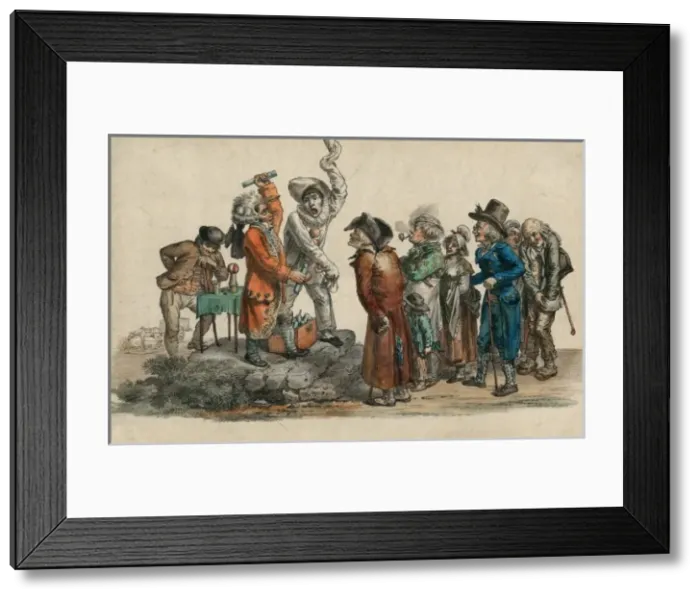 Framed Print : Illustration of a French conjuror and clown with crowd Framed Print : Illustration of a French conjuror and clown with crowd