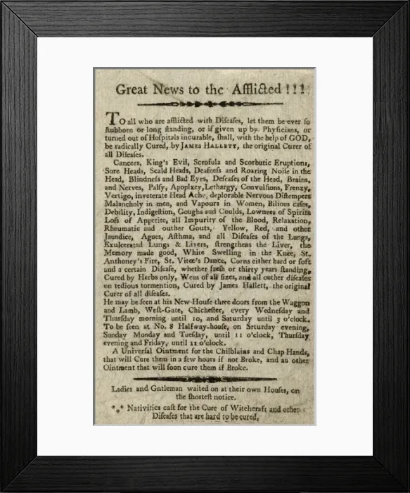 Framed Print : Advertisement for the doctor James Hallett
