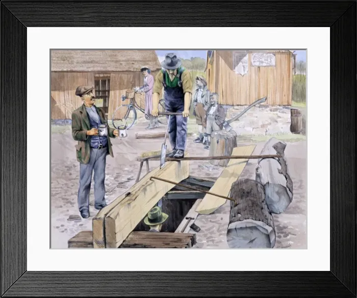 Framed Print : Sawing a large plank Framed Print : Sawing a large plank