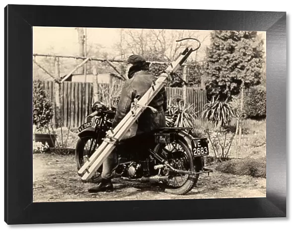 Carrying a ladder on a Sunbeam motorcycle