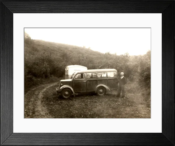 Framed Print : Mini-van and caravan, 1930s Framed Print : Mini-van and caravan, 1930s