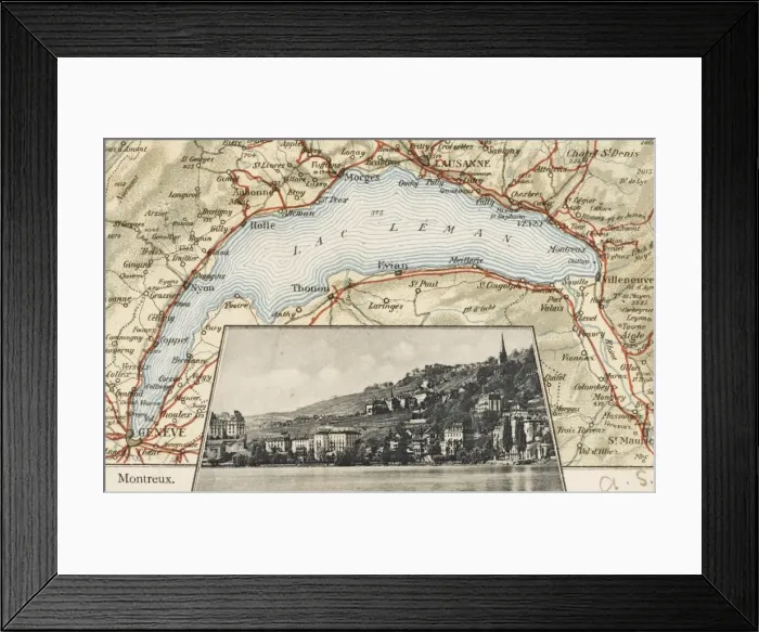 Framed Print : Postcard map of Lake Geneva Framed Print : Postcard map of Lake Geneva