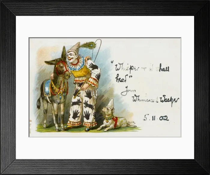 Framed Print : Clown with a donkey and a dog Framed Print : Clown with a donkey and a dog