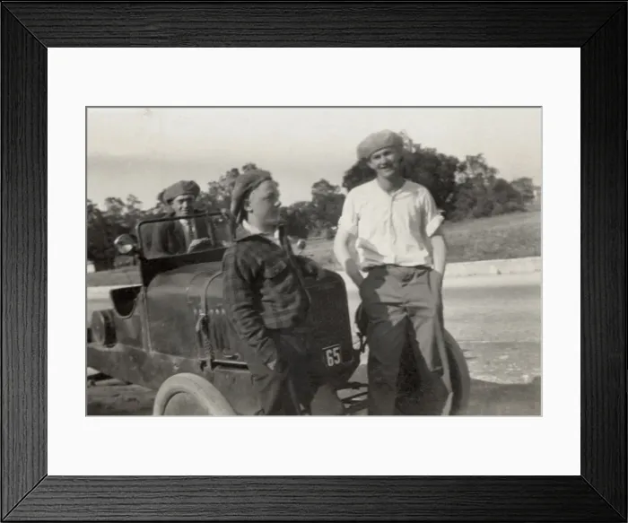 Framed Print : Unusual small car and chaps Framed Print : Unusual small car and chaps