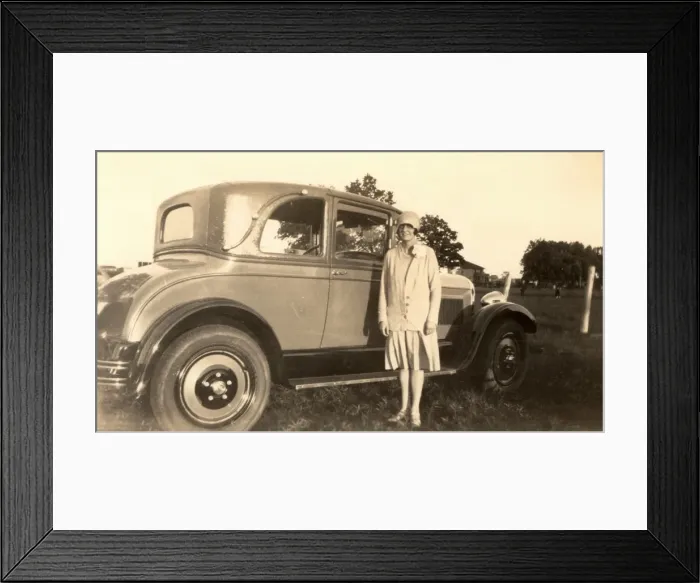 Framed Print : Vintage car and 1920s lady Framed Print : Vintage car and 1920s lady