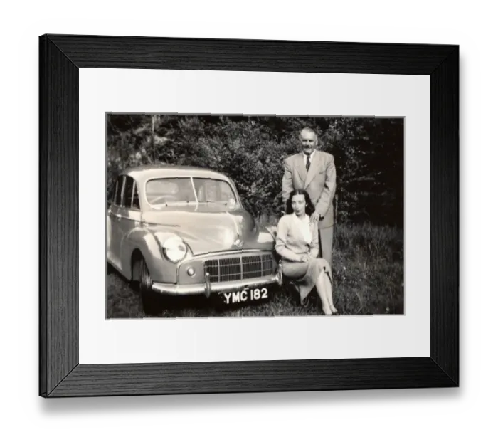 Framed Print : Couple and their Morris Minor Series 1 Framed Print : Couple and their Morris Minor Series 1