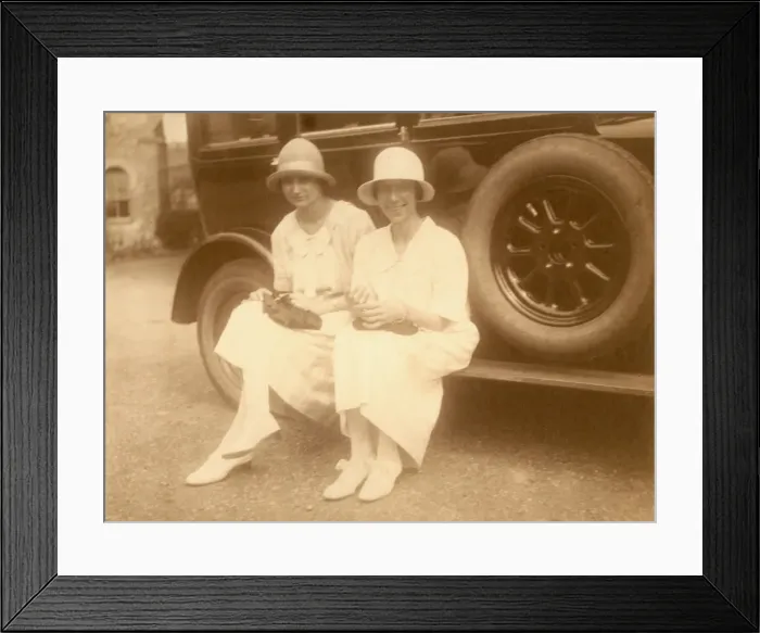 Framed Print : Two 1920s ladies and large car Framed Print : Two 1920s ladies and large car
