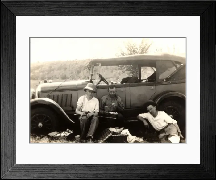 Framed Print : Hunting party have a picnic by their car Framed Print : Hunting party have a picnic by their car